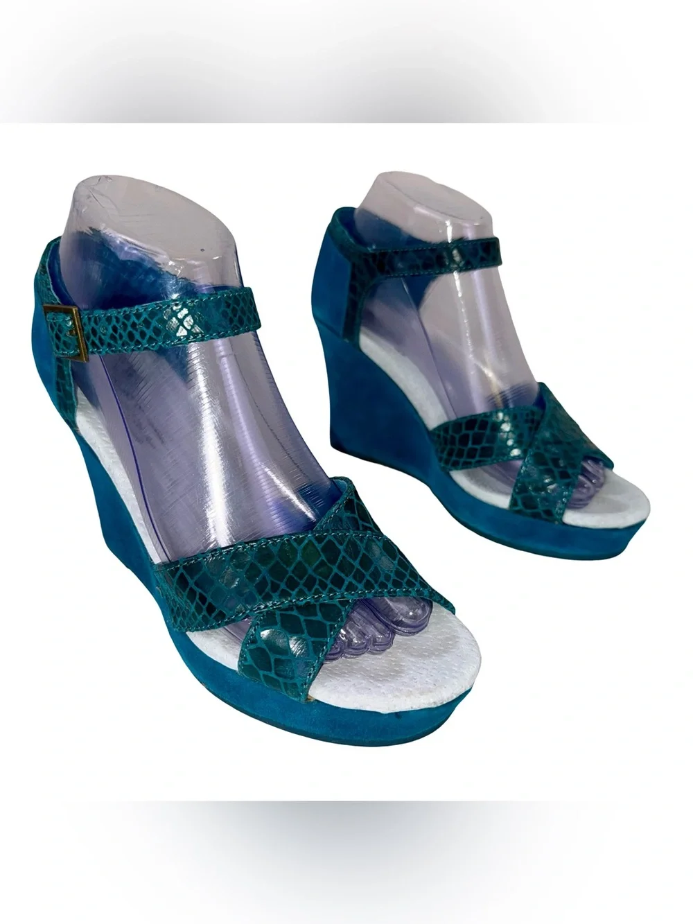 TOMS “TEAL SERPENTINE” STRAPPY WEDGE SANDALS